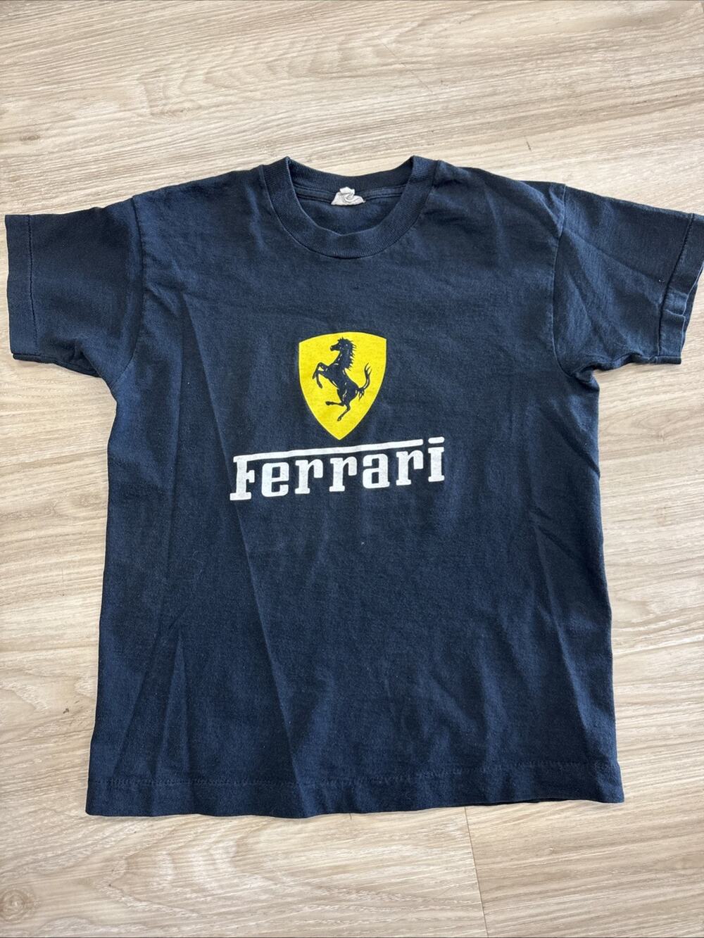 VTG 90s T Ferrari Single Stitch Faded Black Shield Logo Men XS 16” P2P &22” Long